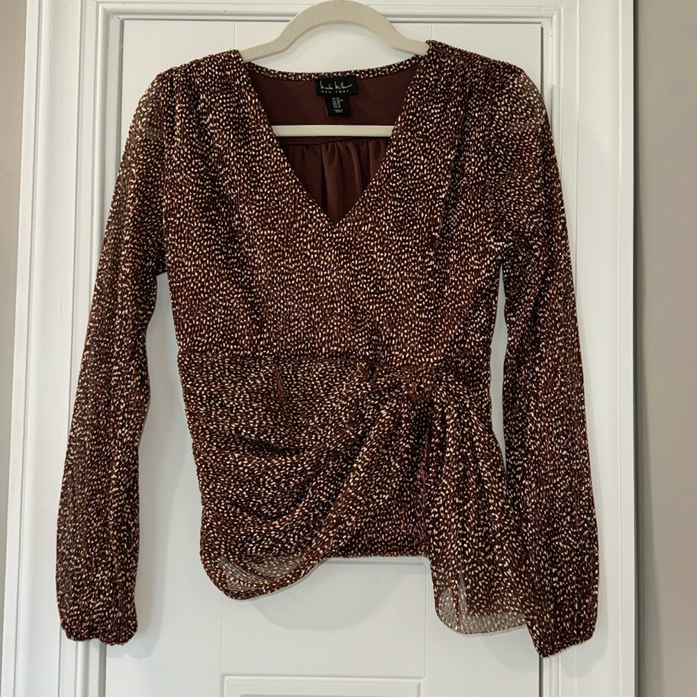 Nicole Miller XS Top sheer long sleeve with lined bodice and waist detail